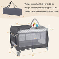 Babyjoy 3-in-1 Portable Baby Playard with Zippered Door and Toy Bar-Gray