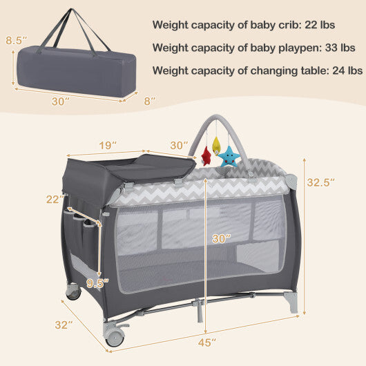 Babyjoy 3-in-1 Portable Baby Playard with Zippered Door and Toy Bar-Gray