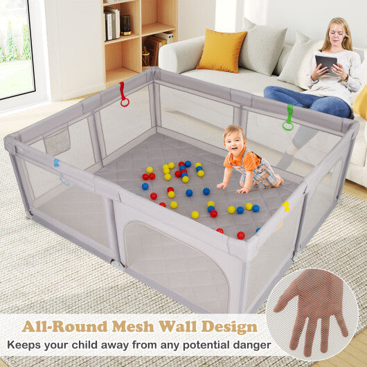 Costway Large Baby Playpen with Pull Rings and Ocean Balls-Gray
