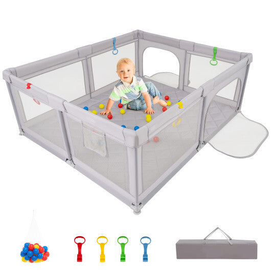 Costway Large Baby Playpen with Pull Rings and Ocean Balls-Gray