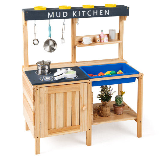 Costway Outdoor Mud Kids Kitchen Playset Wooden Pretend Play Toy with Kitchenware