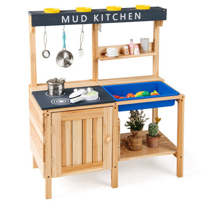 Costway Outdoor Mud Kids Kitchen Playset Wooden Pretend Play Toy with Kitchenware