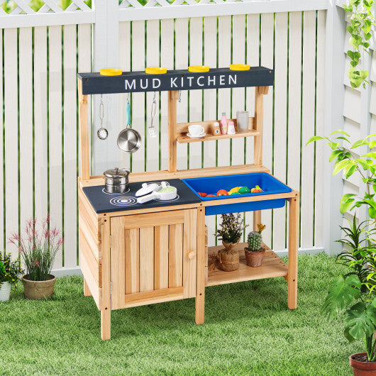 Costway Outdoor Mud Kids Kitchen Playset Wooden Pretend Play Toy with Kitchenware