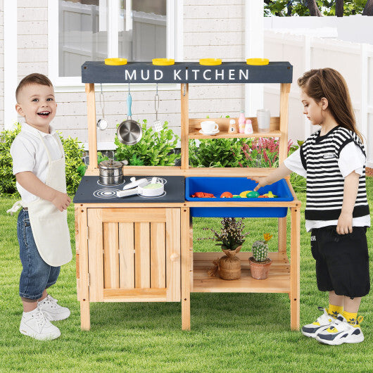 Costway Outdoor Mud Kids Kitchen Playset Wooden Pretend Play Toy with Kitchenware