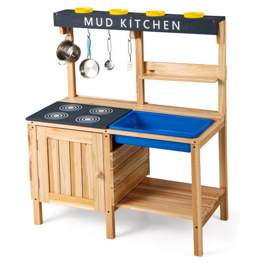 Costway Outdoor Mud Kids Kitchen Playset Wooden Pretend Play Toy with Kitchenware