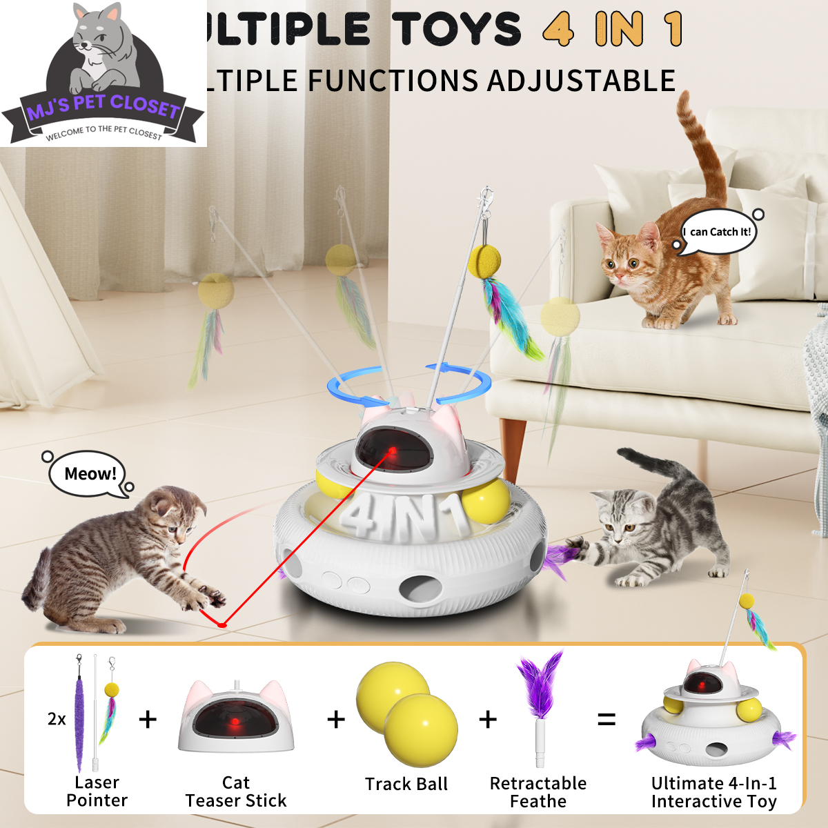 Unleash the Fun with 4-in-1 Interactive Cat Toys! 🐾🚀 Rechargeable Laser, 360° Rotation, and Exciting Track Balls for Endless Indoor Playtime! 🌟✨ - BIG FRENCHIES