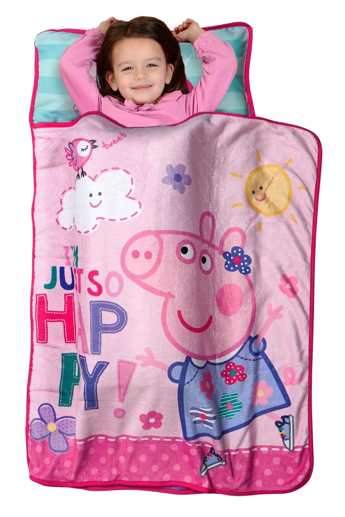 NoJo Peppa Pig I'm so Happy Toddler Nap Mat - Includes Attached Pillow and Fleece Blanket - BIG FRENCHIES