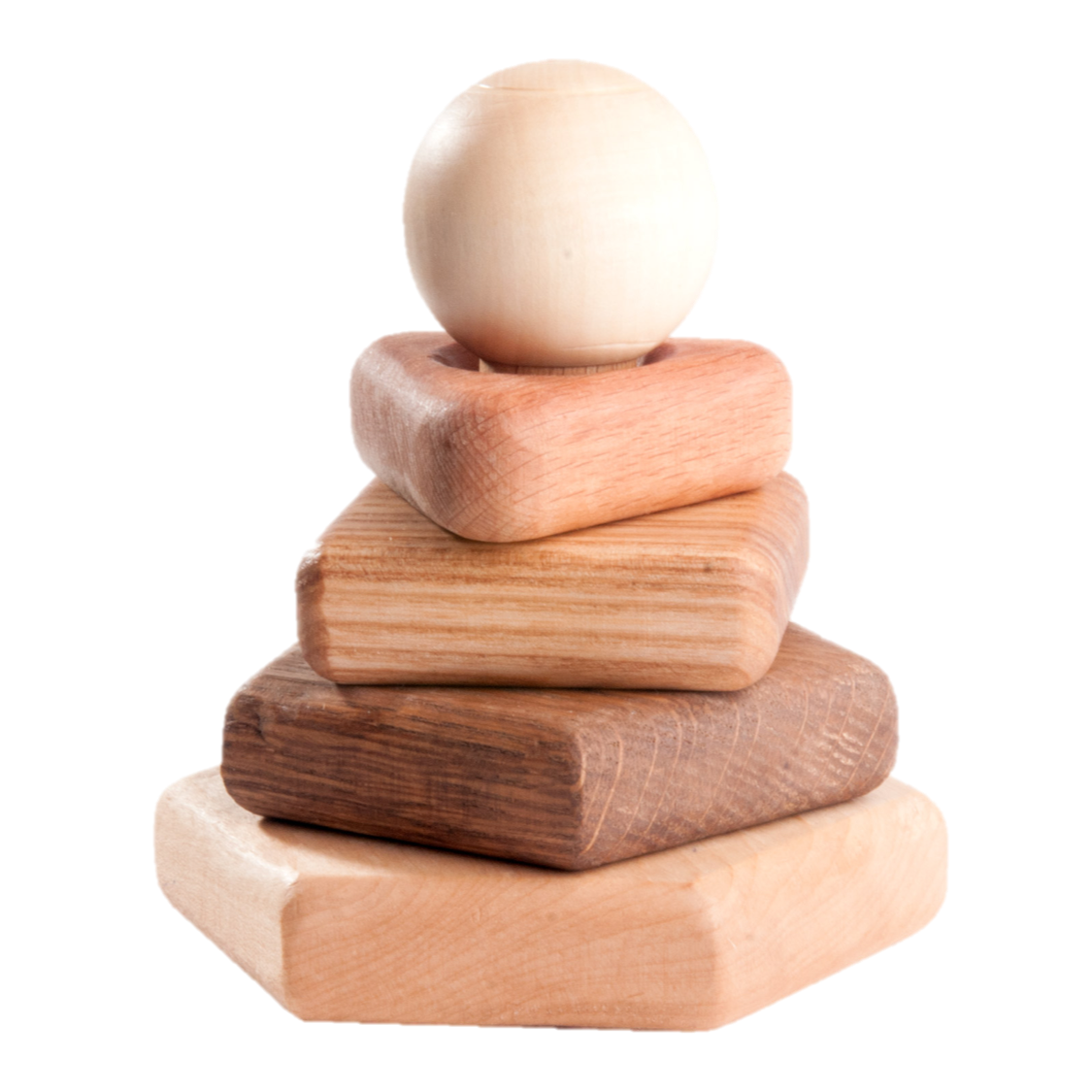 Wooden stacking toy in different shapes from 5 types of wood