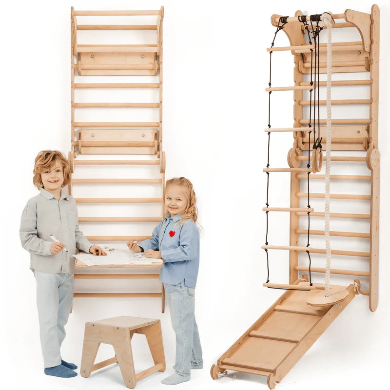 Wooden Swedish Wall / Climbing ladder for Children + Swing Set + Slide Board + Art Add-on - BIG FRENCHIES
