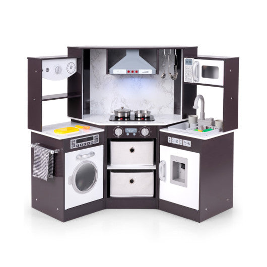 Wooden Kids Play Kitchen Playset with Realistic Lights and Sounds-Coffee - BIG FRENCHIES