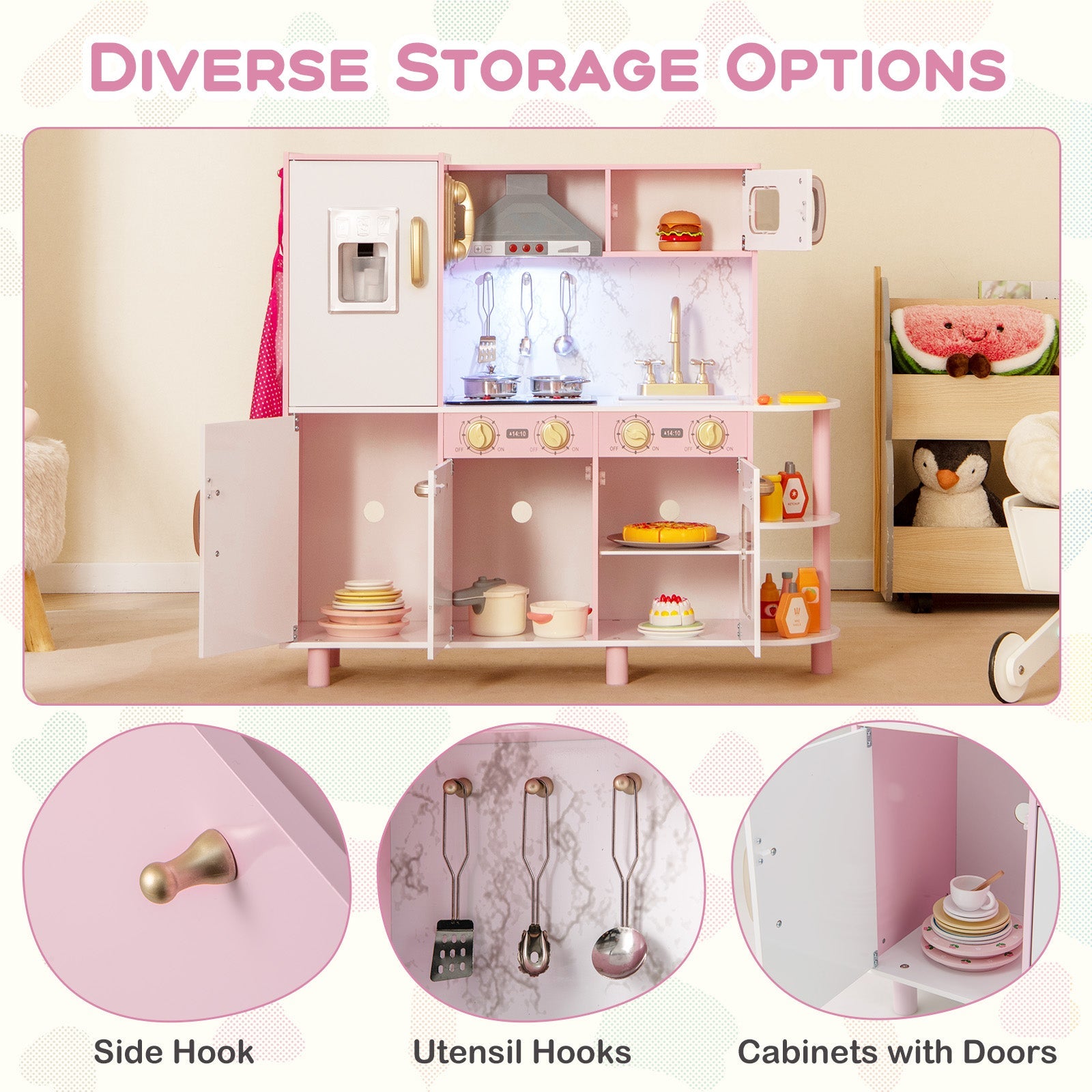 Wooden Kitchen Playset with Ice Maker and Sounds for Ages 3+-Pink