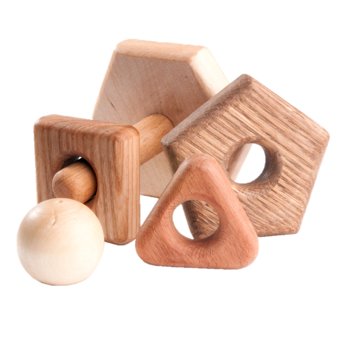Wooden stacking toy in different shapes from 5 types of wood