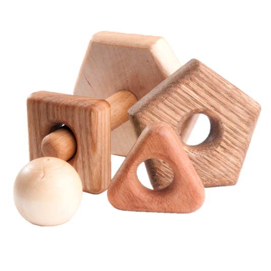 Wooden stacking toy in different shapes from 5 types of wood