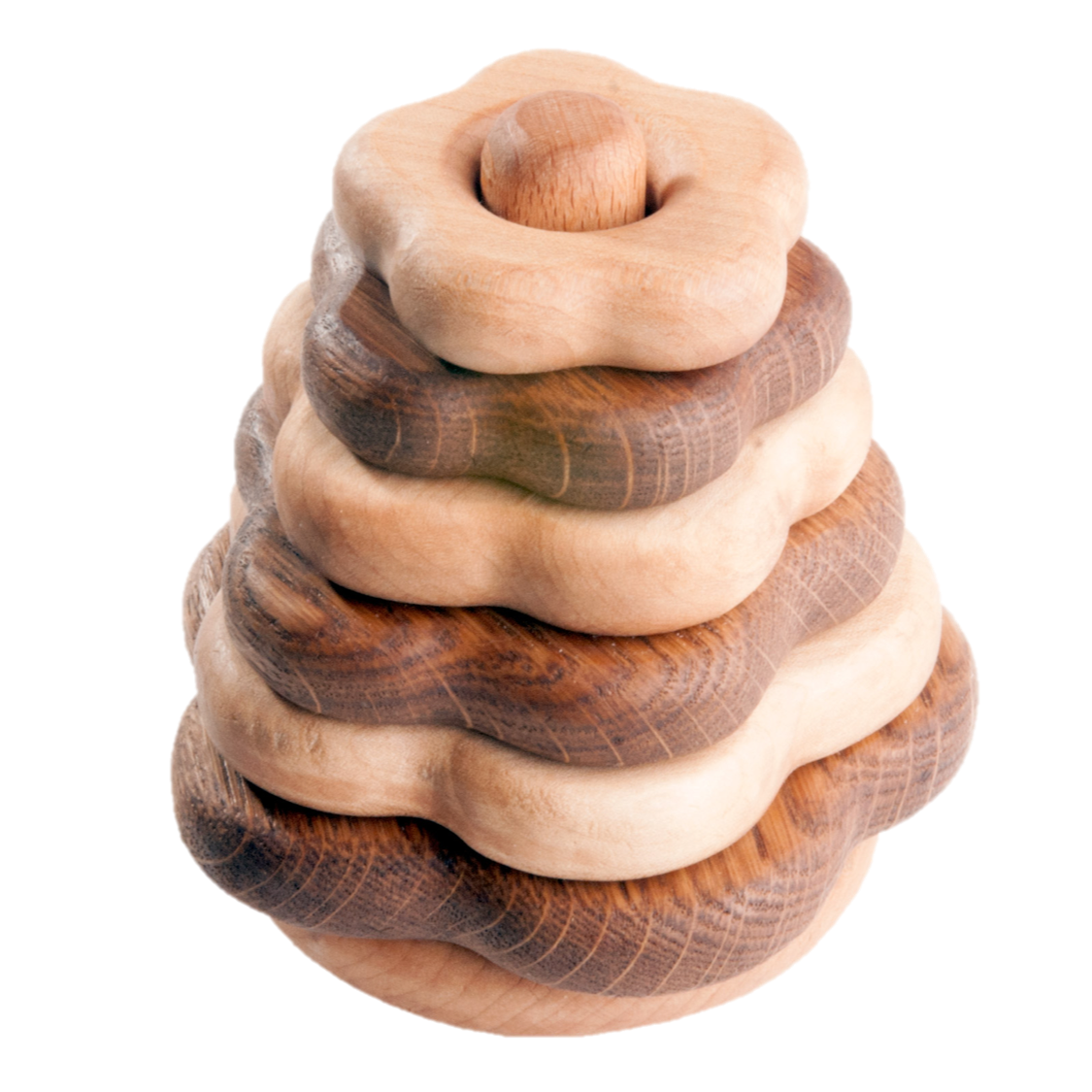 Wooden stacking toy in flower shape from 2 types of wood