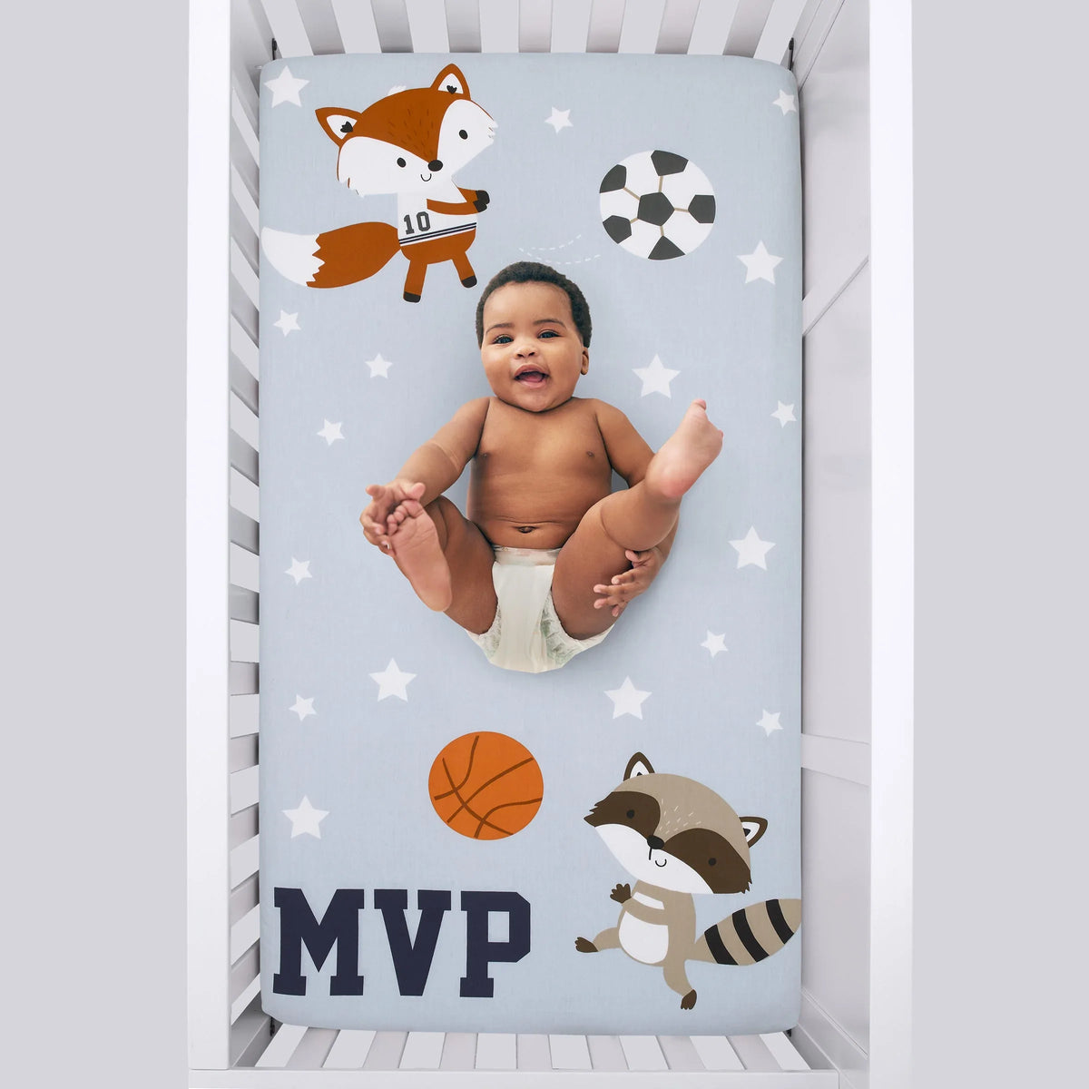 Team All Star Light Blue, Grey, and Orange, MVP Fox and Raccoon Sports Theme with White Stars Photo Op 100% Cotton Fitted Crib Sheet - BIG FRENCHIES
