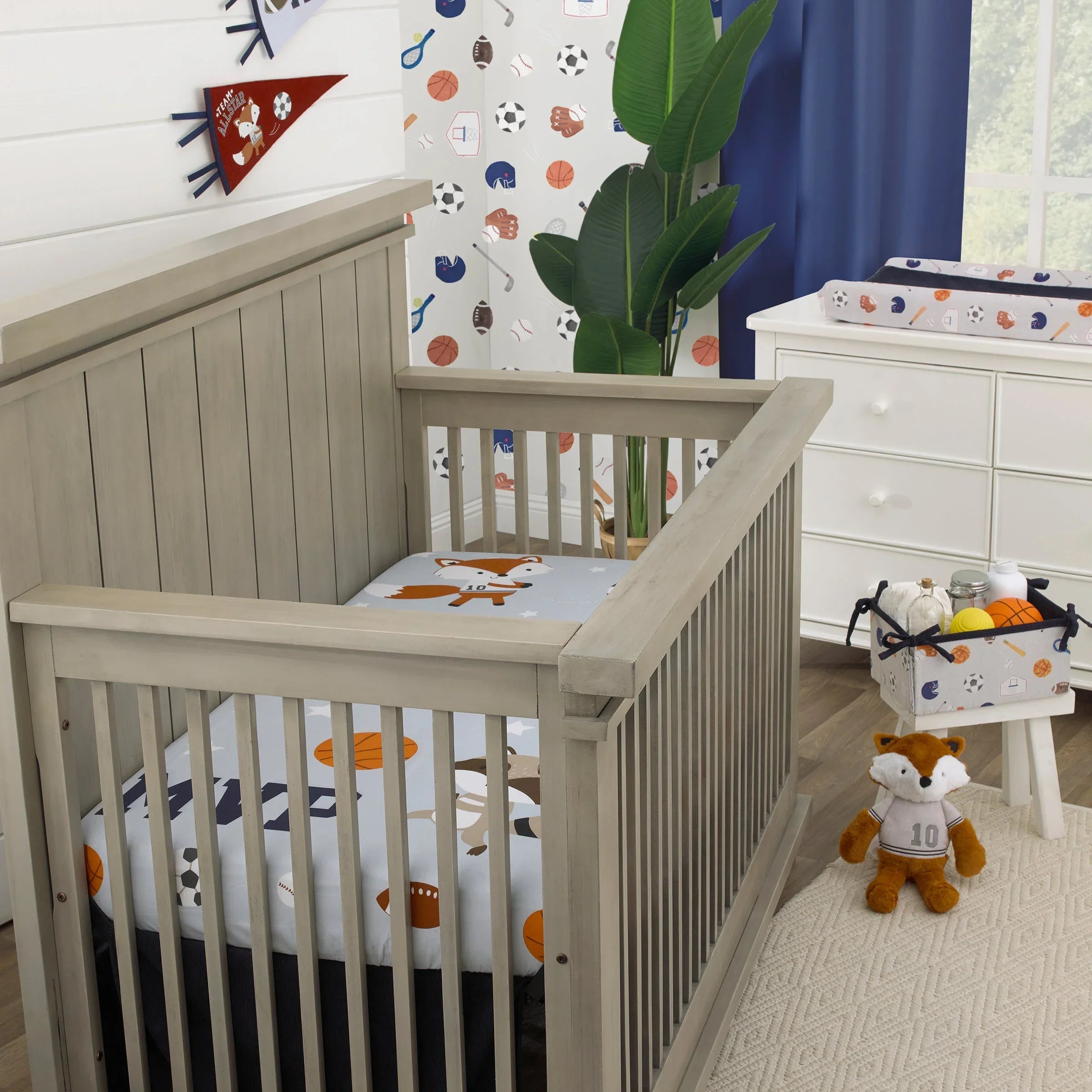 Team All Star Light Blue, Grey, and Orange, MVP Fox and Raccoon Sports Theme with White Stars Photo Op 100% Cotton Fitted Crib Sheet - BIG FRENCHIES