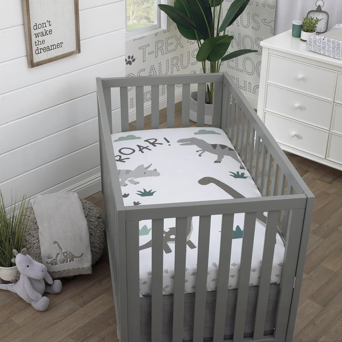 Baby-Saurus Photo Op ROAR White, Gray, and Green Dinosaur with Clouds Nursery Fitted Crib Sheet - BIG FRENCHIES