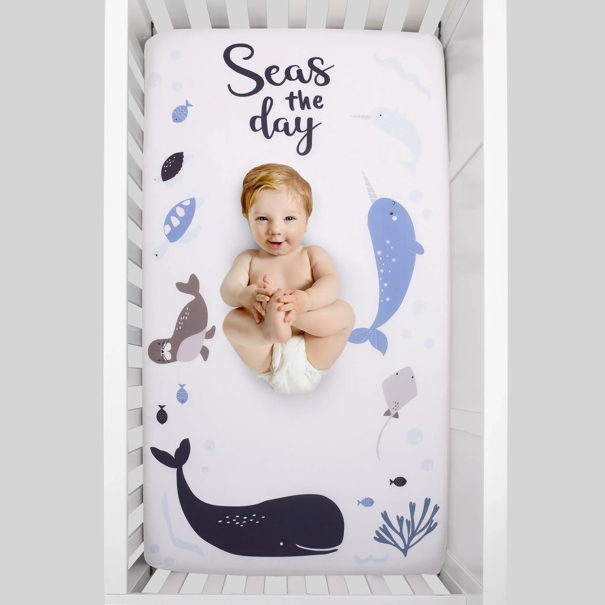Seas The Day Multi Sea Animals Blue and White 100% Cotton Photo Op Fitted Crib Sheet - BIG FRENCHIES