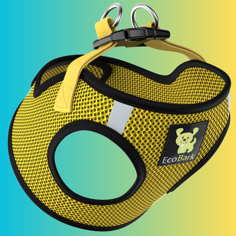 EcoBark Yellow Step In Dog Harness - Rapid Fastener Reflective Soft Mesh Vest Halter for XXXS to Small Dogs - BIG FRENCHIES