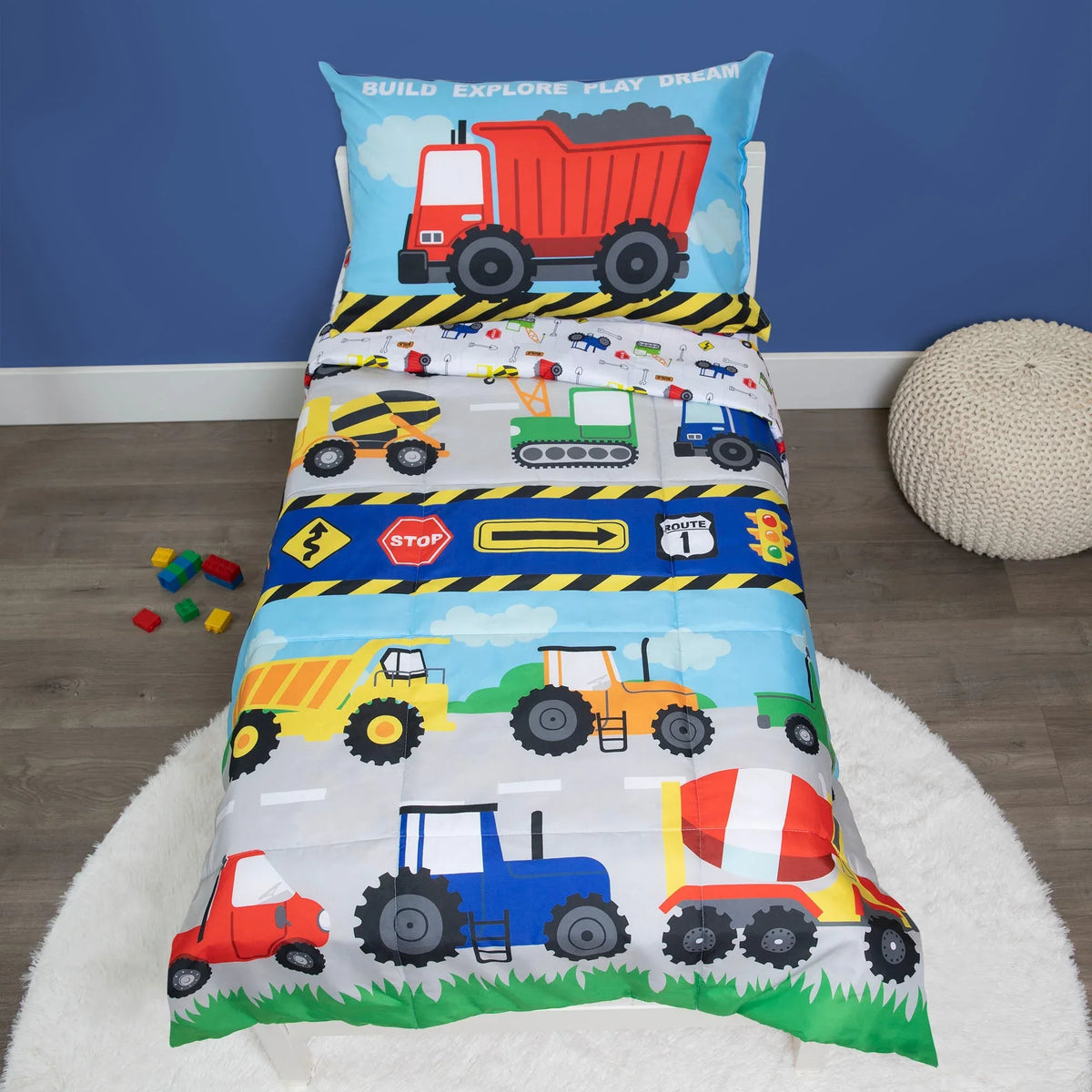 Construction 4 Piece Toddler Bed Set - Includes Comforter, Fitted Bottom Sheet, Flat Top Sheet, and Reversible Pillowcase - BIG FRENCHIES
