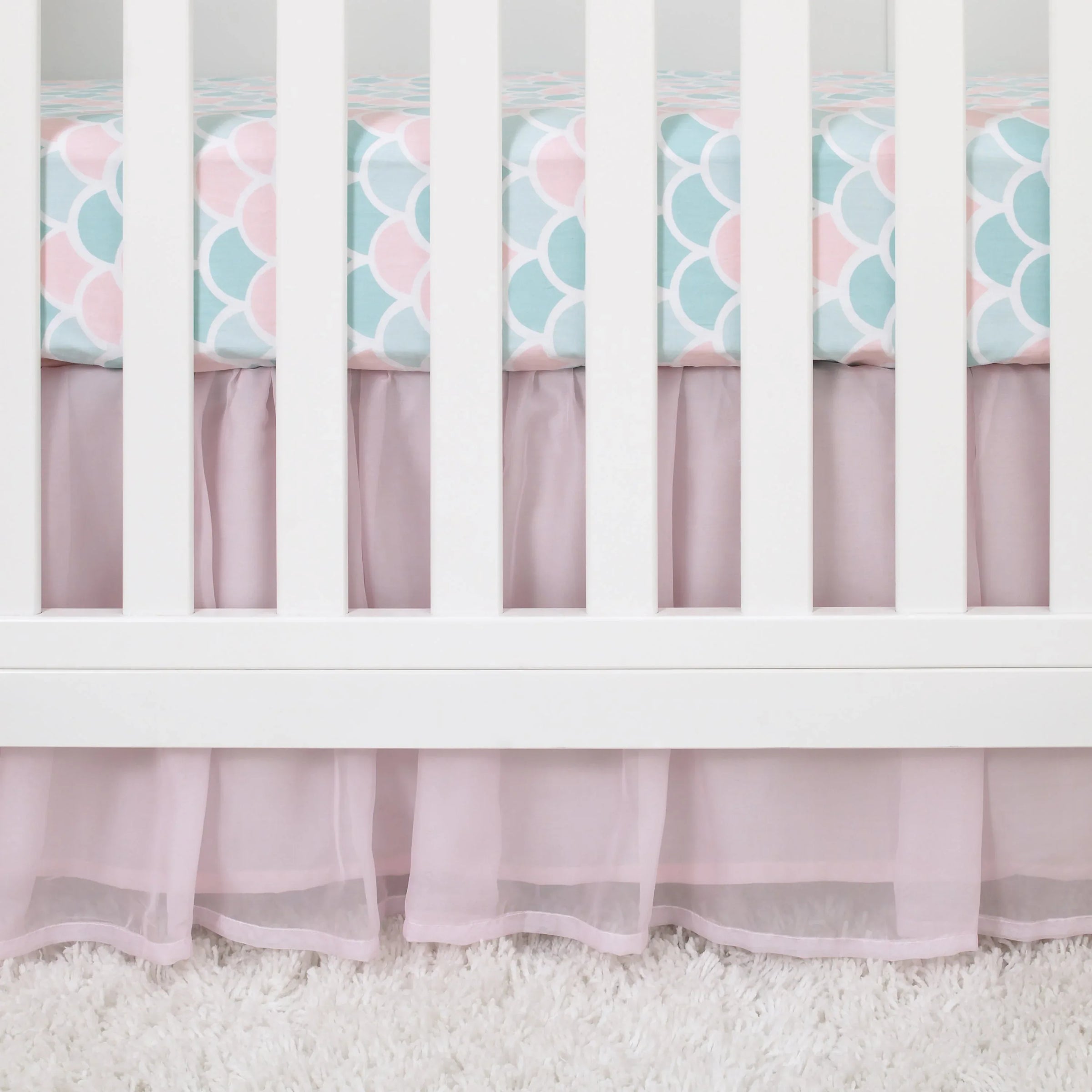 Sugar Reef Mermaid 4 Piece Nursery Crib Bedding Set - Appliqued Round Play Quilt, 100% Cotton Fitted Crib Sheet, Shirred Crib Skirt with 16" Drop, Nursery Organizer - BIG FRENCHIES