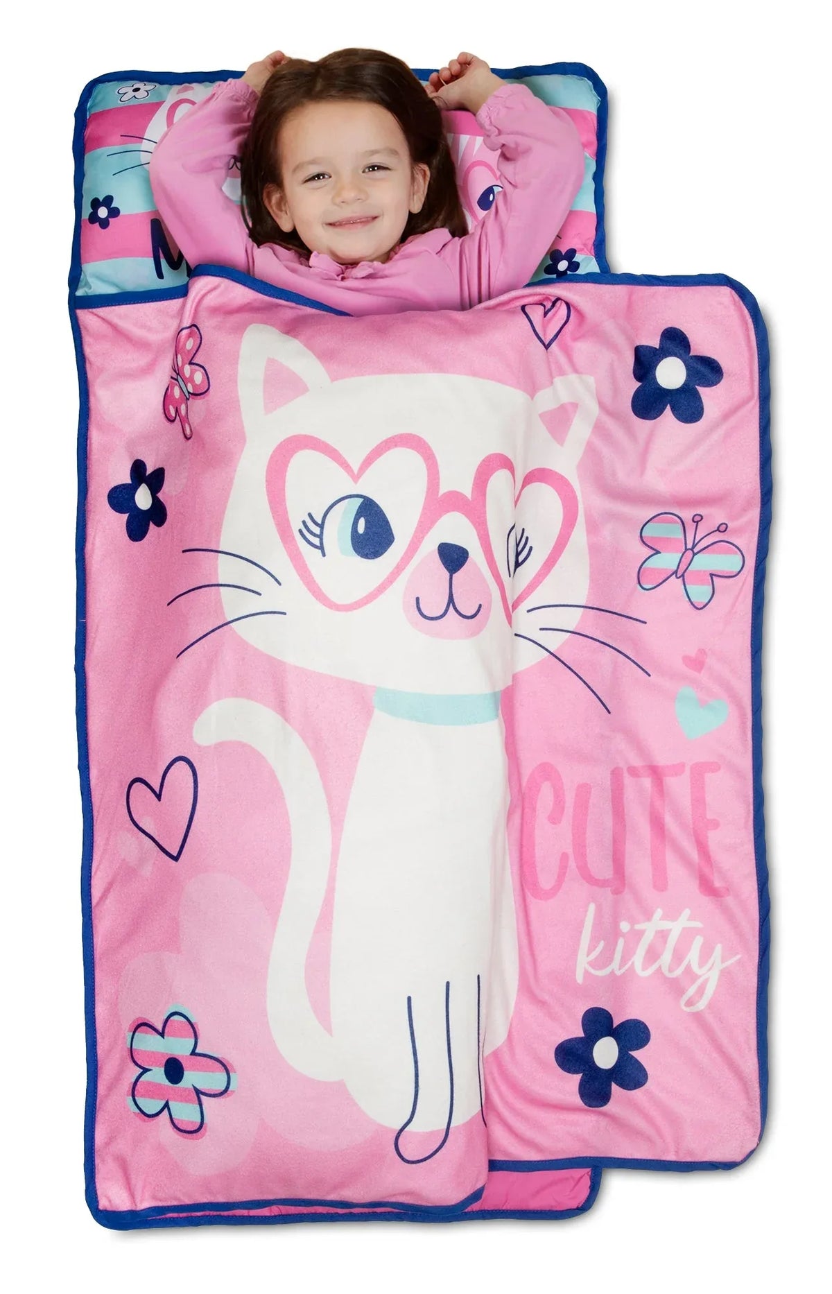NoJo Cute Kitty Toddler Nap Mat - Includes Attached Pillow and Fleece Blanket - BIG FRENCHIES