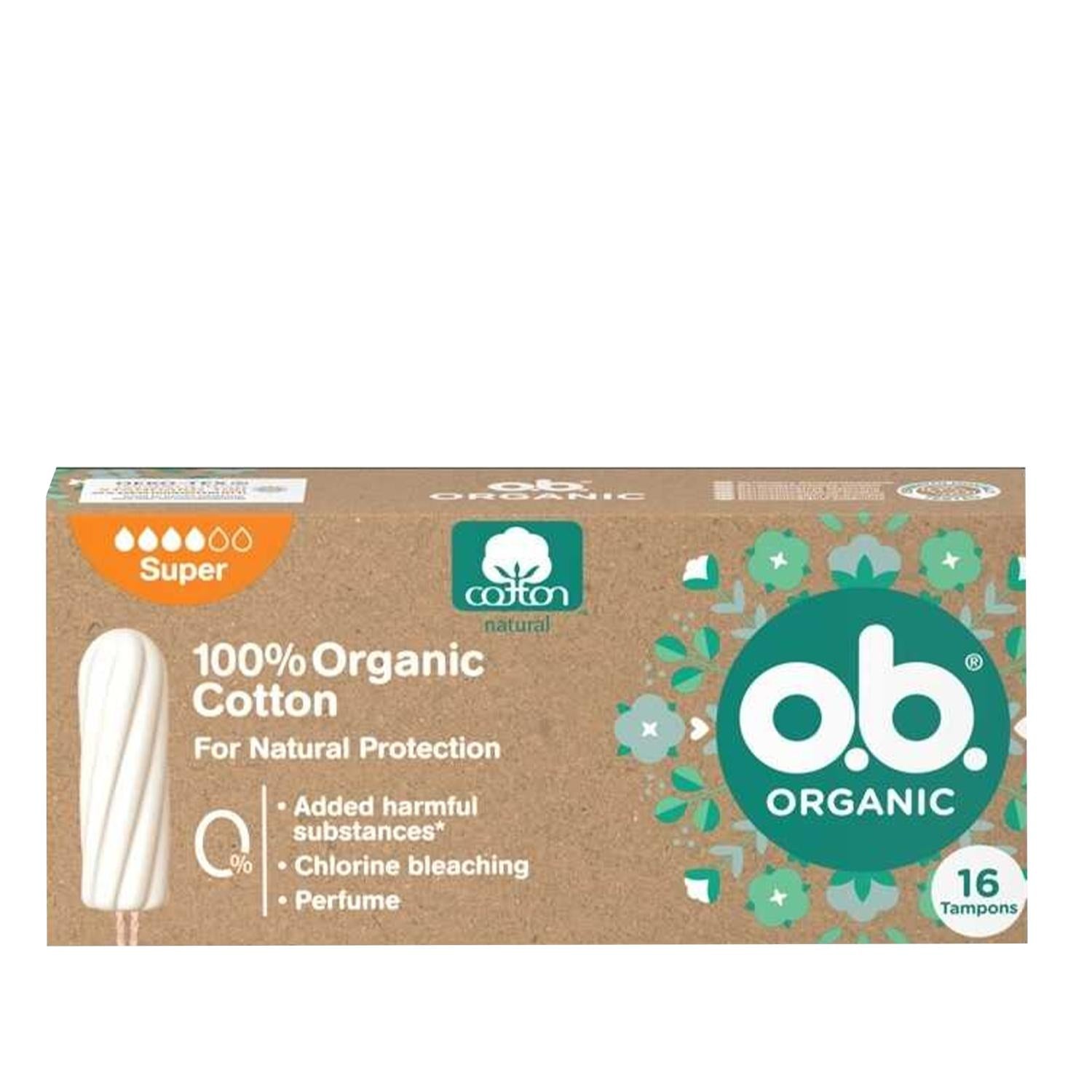 o.b Organic Tampons Super Absorbency - 16 Count, Natural Menstrual Hygiene for Women
