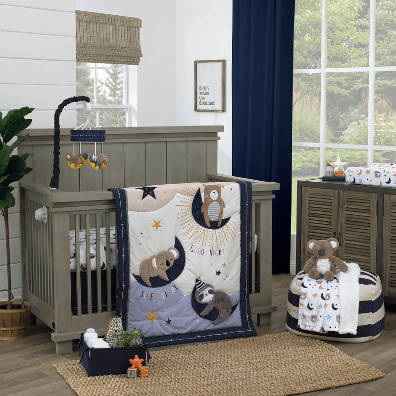 Goodnight Sleep Tight White and Blue Koala, Sloth, Bear, Star, and Moon 4 Piece Nursery Crib Bedding Set - Comforter, 100% Cotton Fitted Crib Sheet, Crib Skirt, and Storage - BIG FRENCHIES